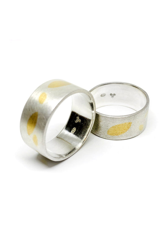silver rings with gold inlay leaf pattern