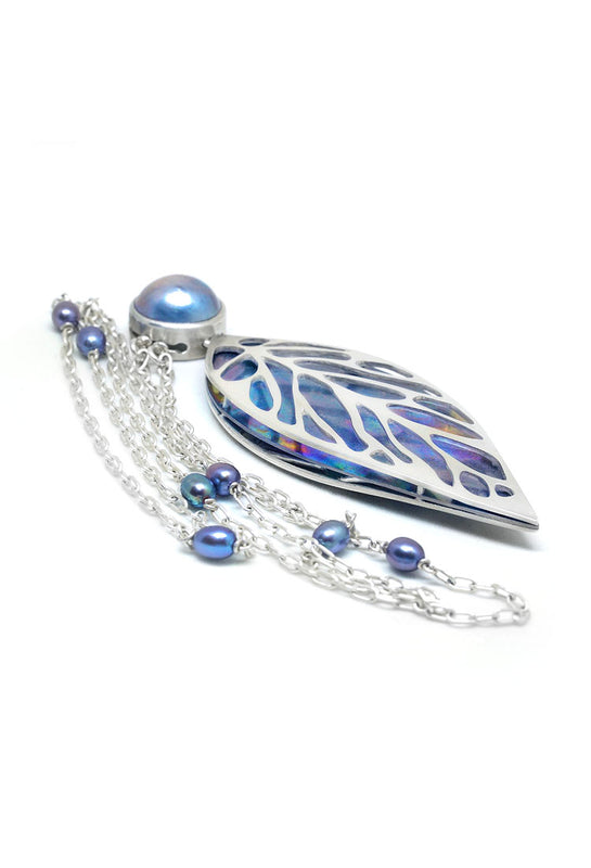 silver titanium and pearl leaf shaped pendant